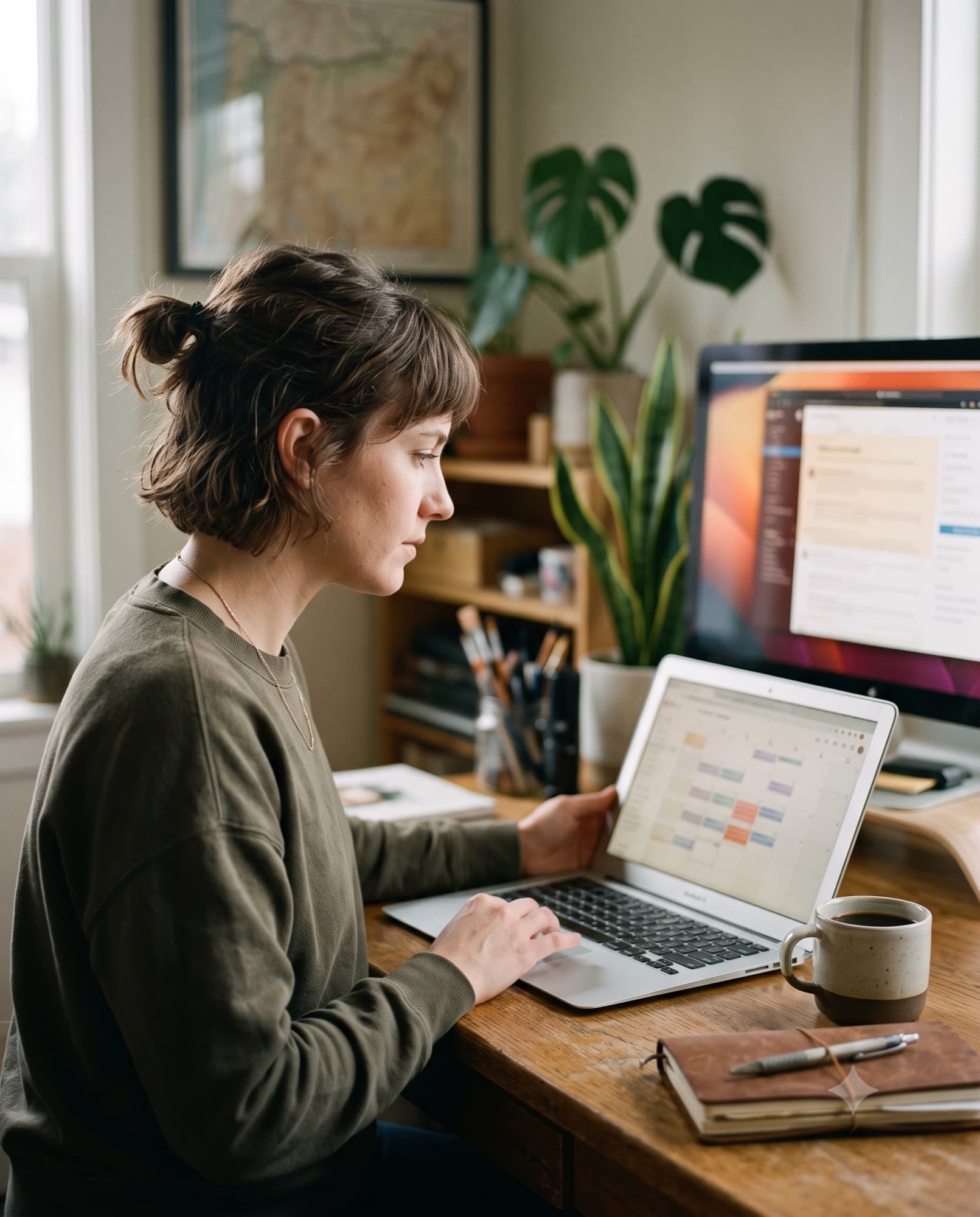 An agency owner at her desk reviewing a content calendar