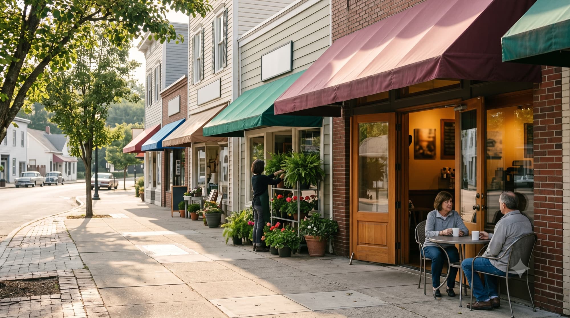 A street of small storefronts with awnings on a sunny morning: a cafe with customers outside and a shopkeeper arranging plants
